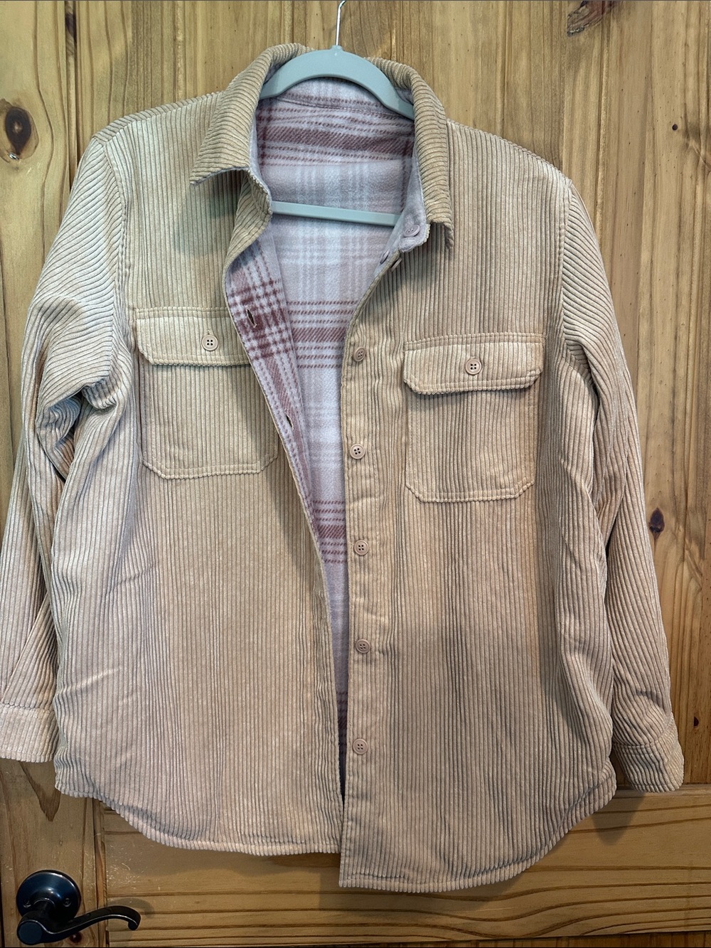 Love Tree Light Beige Corduroy Shirt Jacket with Plaid Lining